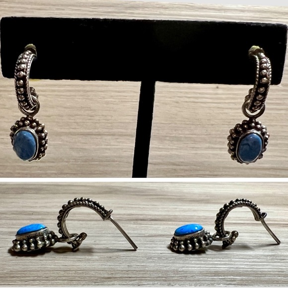 SU Jewelry - Vintage Designer Signed SU Pebbled Sterling Silver Blue Turqoiuse Drop Earrings